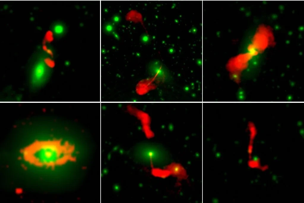 Composite image depicting radio galaxies (in red) from the 3GHz VLA-COSMOS Large Project (Smolcic et al. 2017a), overlaid on the Ultra-VISTA optical/infrared stacked mosaic image (in green; COSMOS2015, Laigle et al. 2016).
